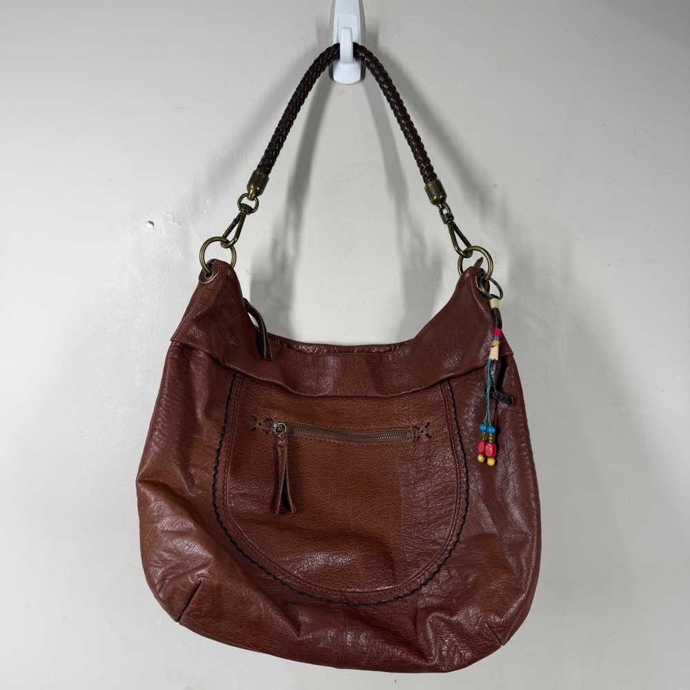 The Sak Brown Leather Hobo Bag Braided Strap Beaded Tassel Bohemian Shoulder Bag